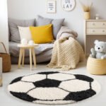 Kinder Teppich,  Fußball-Design, Farbe Schwarz, Teppich für Kinderzimmer, Rücken aus Jute, Größe: 100 cm Rund - Afbeelding 2