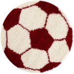 Kinder Teppich,  Fußball-Design, Farbe Rot, Teppich für Kinderzimmer, Rücken aus Jute, Größe: 120 cm Rund