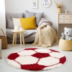 Kinder Teppich,  Fußball-Design, Farbe Rot, Teppich für Kinderzimmer, Rücken aus Jute, Größe: 100 cm Rund - Afbeelding 2