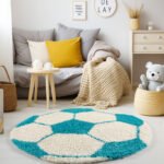 Kinder Teppich,  Fußball-Design, Farbe Türkis, Teppich für Kinderzimmer, Rücken aus Jute, Größe: 100 cm Rund - Afbeelding 2