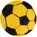 Kinder Teppich,  Fußball-Design, Farbe Gelb, Teppich für Kinderzimmer, Rücken aus Jute, Größe: 100 cm Rund