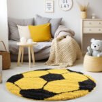 Kinder Teppich,  Fußball-Design, Farbe Gelb, Teppich für Kinderzimmer, Rücken aus Jute, Größe: 100 cm Rund - Afbeelding 2