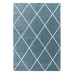 Kurzflor Teppich,  Geometrisch Design, Farbe Blau, Teppich für Wohnzimmer, Rücken aus Jute, Größe: 80 x 150 cm