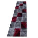 Kurzflor Teppich, Kariert Design, Farbe Rot, Teppich für Wohnzimmer, Rücken aus Jute, Größe: 80 x 300 cm