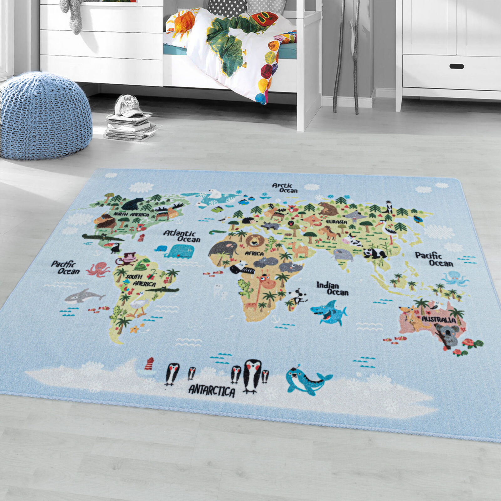 Play Kindervloerkleed Wereldkaart met dieren – Blauw (2917)