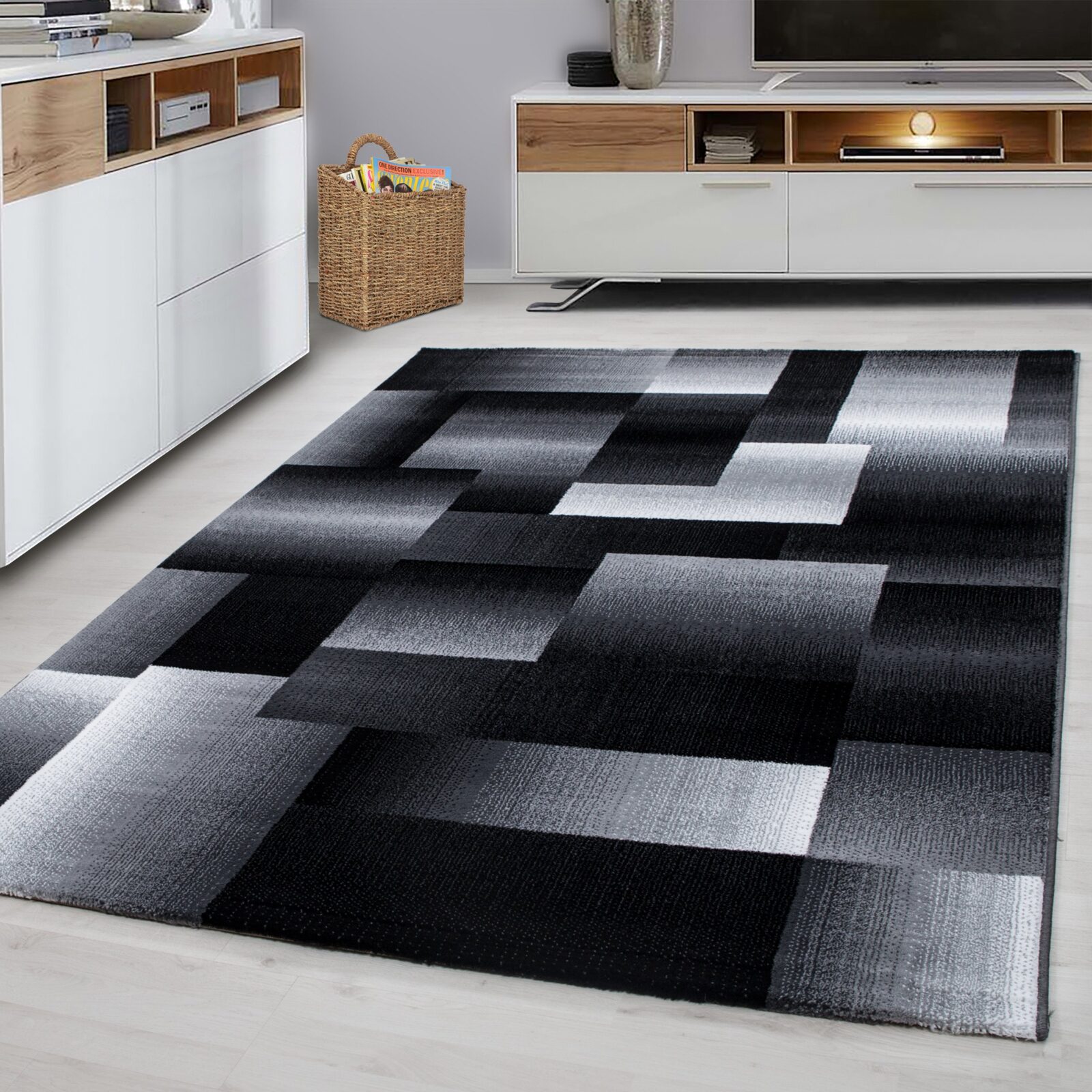Miami Kortpolig vloerkleed Abstract geruit – Zwart (6560)