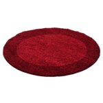 Hochflor Teppich,  Bordüre Design, Farbe Rot, Teppich für Wohnzimmer, Rücken aus Jute, Größe: 200 cm Rund