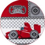 Kinder Teppich,  Rennwagen, Farbe Rot, Teppich für Kinderzimmer, Rücken aus Jute, Größe: 120 cm Rund