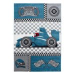 Kinder Teppich,  Rennwagen, Farbe Blau, Teppich für Kinderzimmer, Rücken aus Jute, Größe: 200 cm x 290 cm
