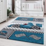 Kinder Teppich,  Rennwagen, Farbe Blau, Teppich für Kinderzimmer, Rücken aus Jute, Größe: 200 cm x 290 cm - Afbeelding 2