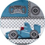 Kinder Teppich,  Rennwagen, Farbe Blau, Teppich für Kinderzimmer, Rücken aus Jute, Größe: 160 cm Rund