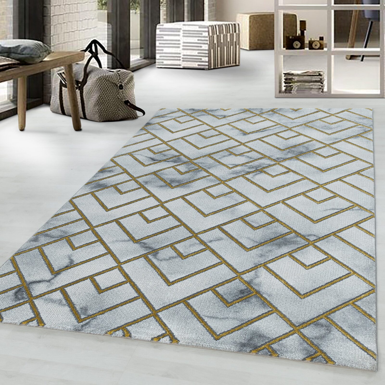 Naxos Kortpolig vloerkleed Marmerlook – Goud (3813)