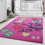 Kinder Teppich,  Eulen-Design, Farbe Violett, Teppich für Kinderzimmer, Rücken aus Jute, Größe: 200 cm x 290 cm - Afbeelding 2