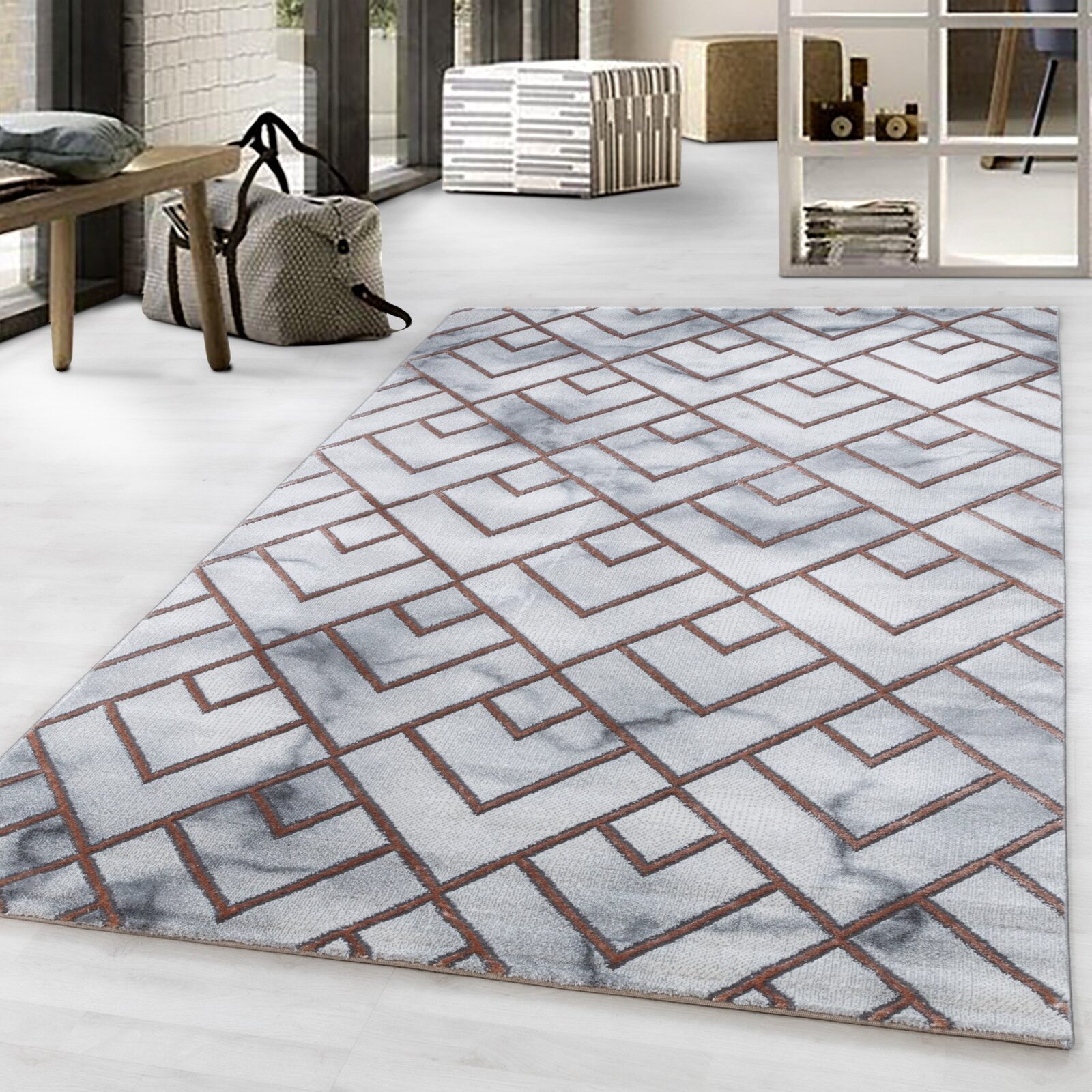 Naxos Kortpolig vloerkleed Marmerlook – Brons (3813)