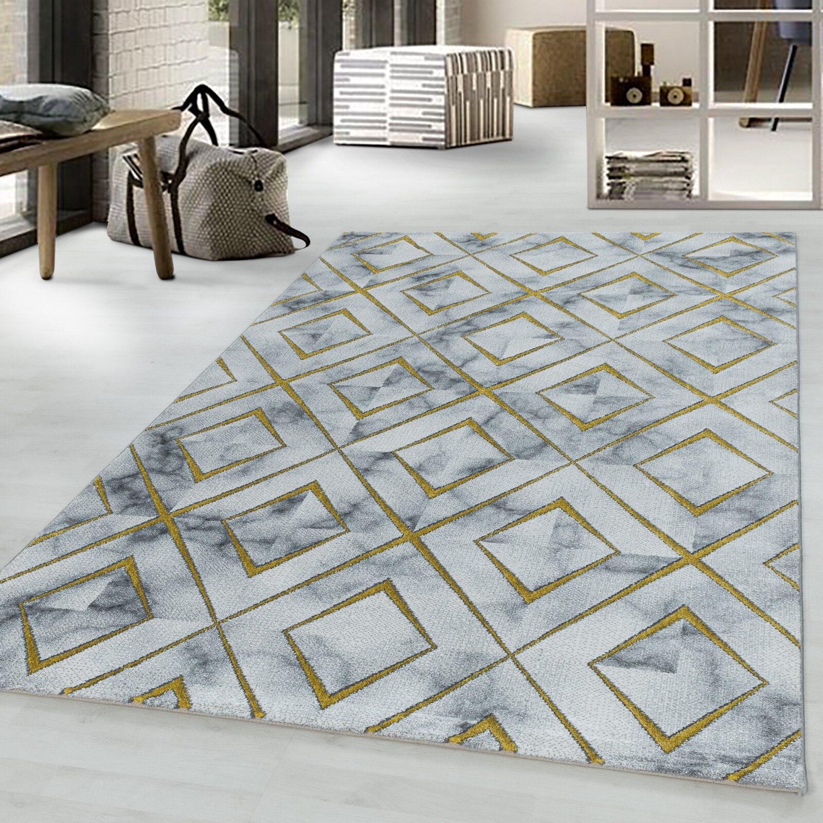 Naxos Kortpolig vloerkleed Marmerlook – Goud (3811)