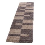 Hochflor Teppich,  Kariert Design, Farbe Taupe, Teppich für Wohnzimmer, Rücken aus Jute, Größe: 80 x 250 cm