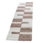 Hochflor Teppich, Kariert Design, Farbe Beige, Teppich für Wohnzimmer, Rücken aus Jute, Größe: 80 x 250 cm