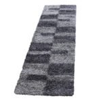 Hochflor Teppich,  Kariert Design, Farbe Grau, Teppich für Wohnzimmer, Rücken aus Jute, Größe: 80 x 250 cm