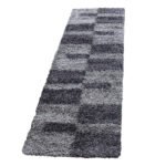 Hochflor Teppich,  Kariert Design, Farbe Grau, Teppich für Wohnzimmer, Rücken aus Jute, Größe: 80 x 250 cm
