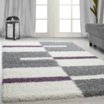Hochflor Teppich,  Kariert Design, Farbe Violett, Teppich für Wohnzimmer, Rücken aus Jute, Größe: 140 x 200 cm - Afbeelding 2