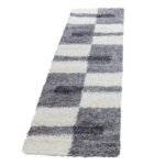 Hochflor Teppich,  Kariert Design, Farbe Hellgrau, Teppich für Wohnzimmer, Rücken aus Jute, Größe: 80 x 250 cm