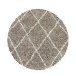 Hochflor Teppich,  Geometrisch Design, Farbe Beige, Teppich für Wohnzimmer, Rücken aus Jute, Größe: 80 cm Rund