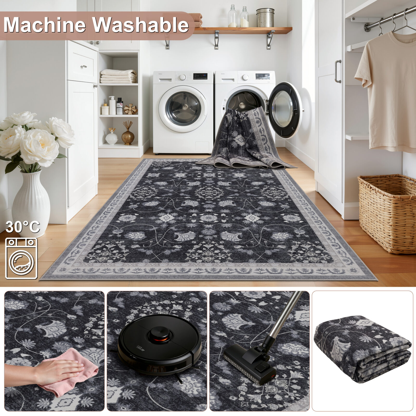 Inka Wasbaar vloerkleed Vintage oosters – Zwart (1146)